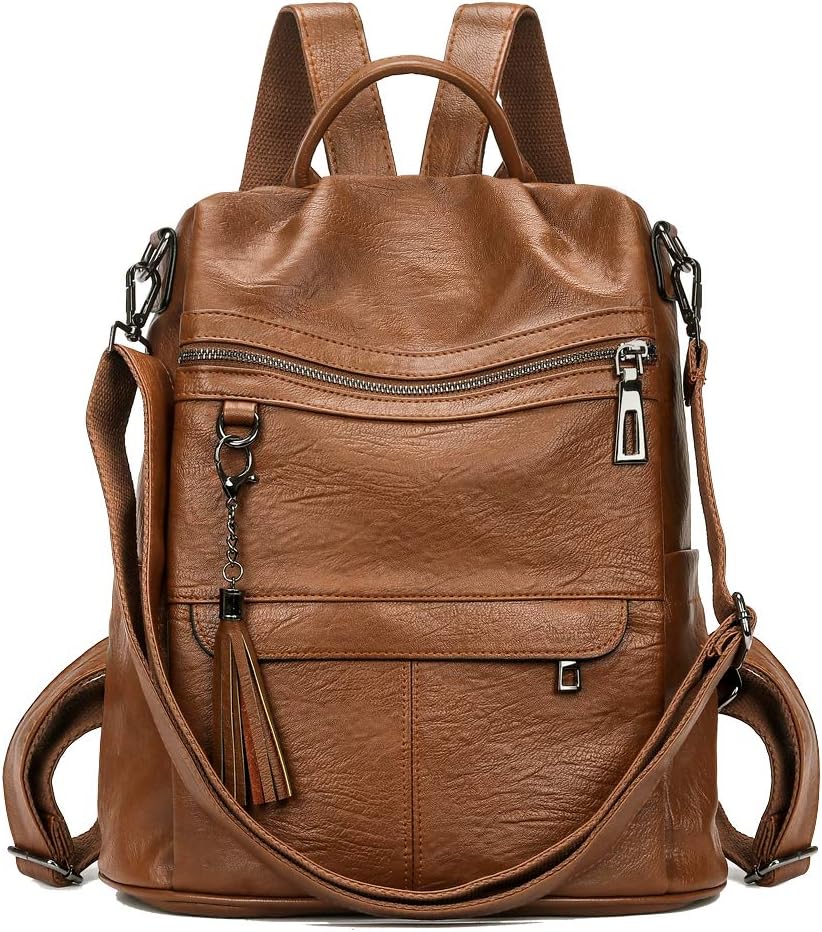 Ryggsäck läder skinn i ljusbrunt, framifrån med dragkedjor