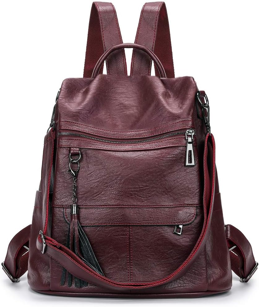 Vinröd ryggsäck läder skinn med klassisk design