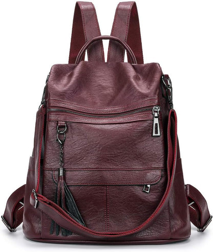 Vinröd ryggsäck läder skinn med klassisk design