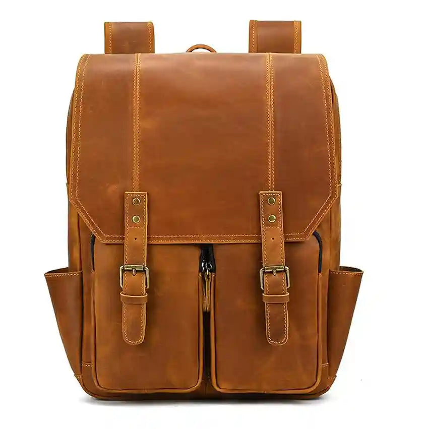 Äkta skinn ryggsäck i cognacfärg med dubbla framfickor – ryggsackshop.com