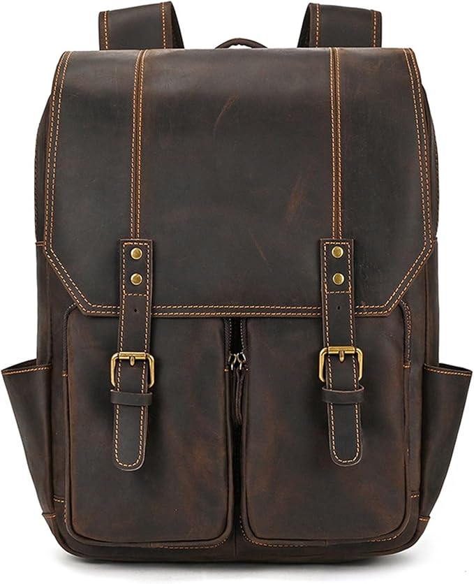 Äkta skinn ryggsäck i svart läder med spännen – ryggsackshop.com