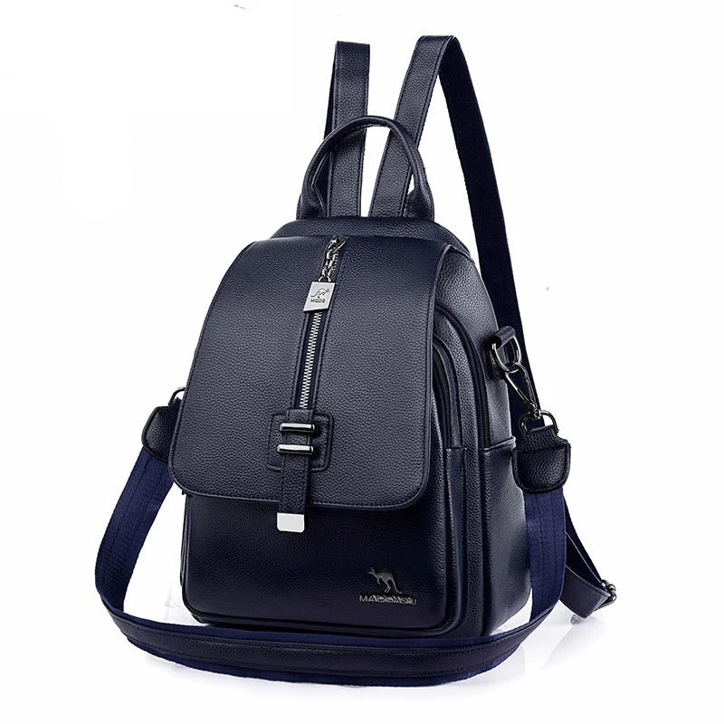 Blå ryggsäck dam i läder med stilren design och justerbara remmar – Perfekt för vardagsbruk och resor.