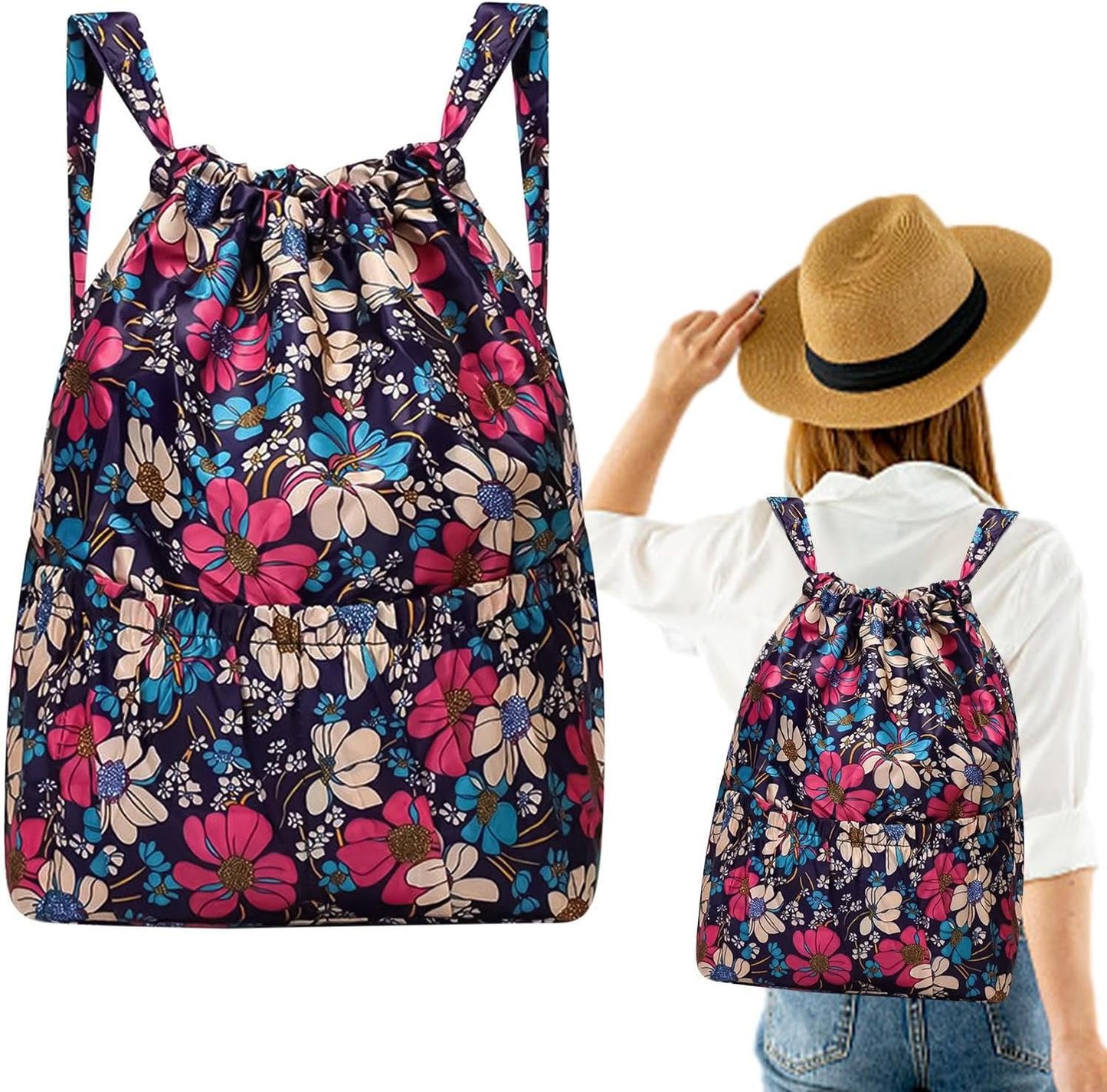 Blommig ryggsäck dam visad bakifrån med justerbara axelband