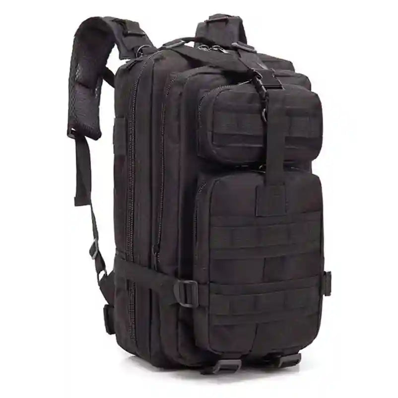 Svart varsel ryggsäck med flera fack framifrån