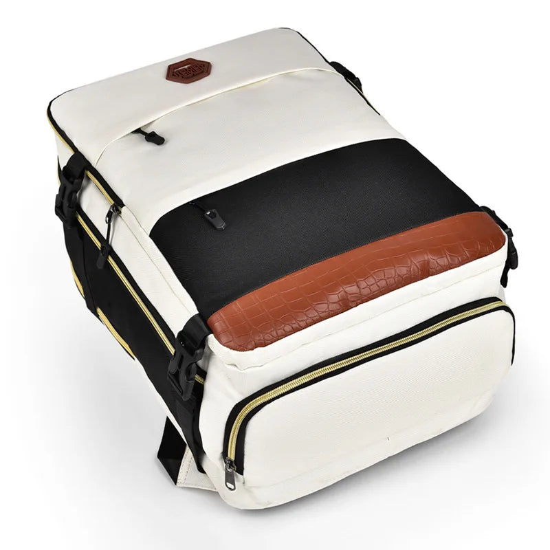 Vit och svart reseryggsäck 40 liter, lätt att packa och hållbar för långa resor