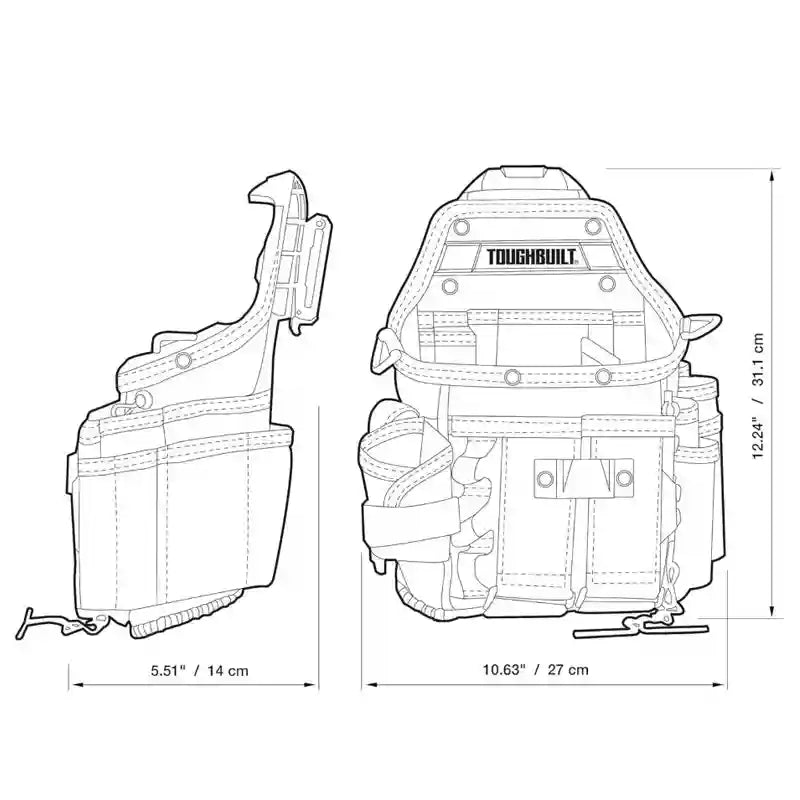  Verktygsväska ryggsäck teknisk skiss med detaljerad layout