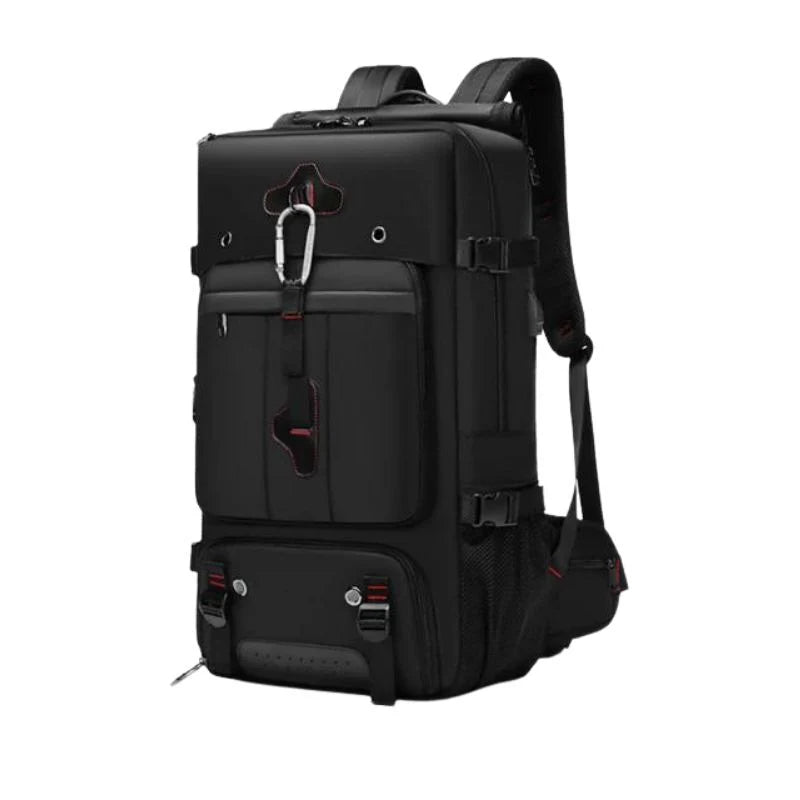 Svart reseryggsäck 50 l med flera fack och slitstark design